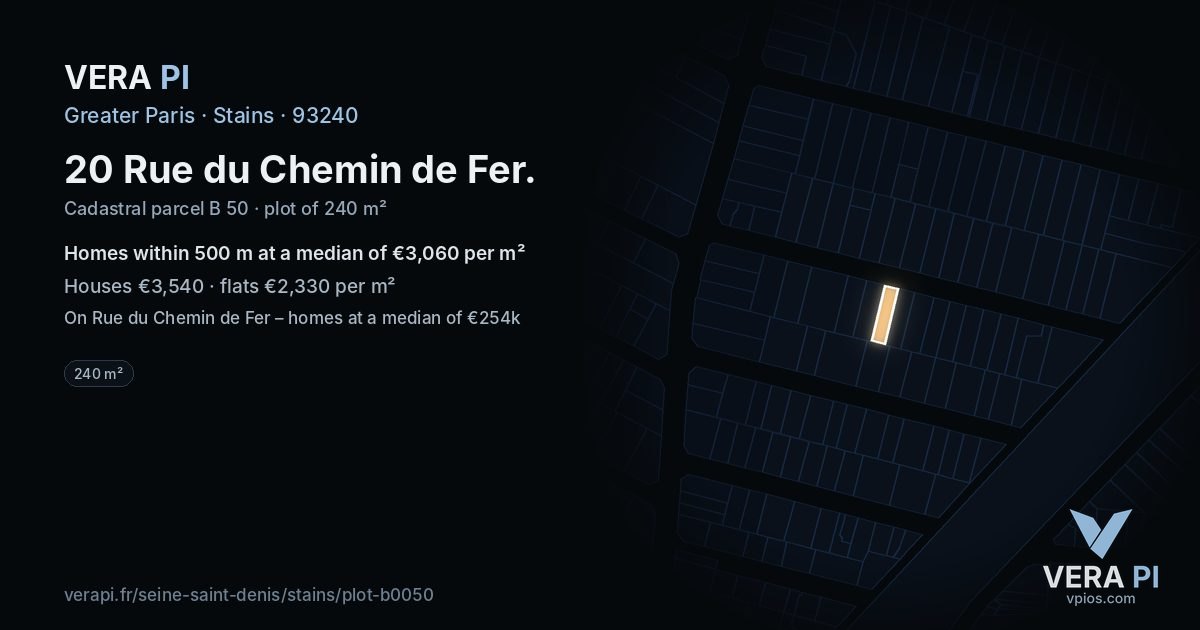 20 Rue du Chemin de Fer, Stains at night – the plot lit, the parcels around coloured by the prices near them