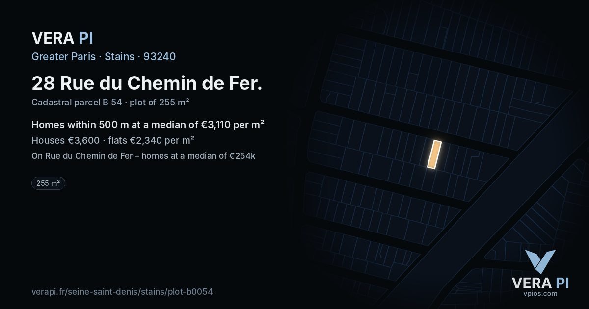 28 Rue du Chemin de Fer, Stains at night – the plot lit, the parcels around coloured by the prices near them