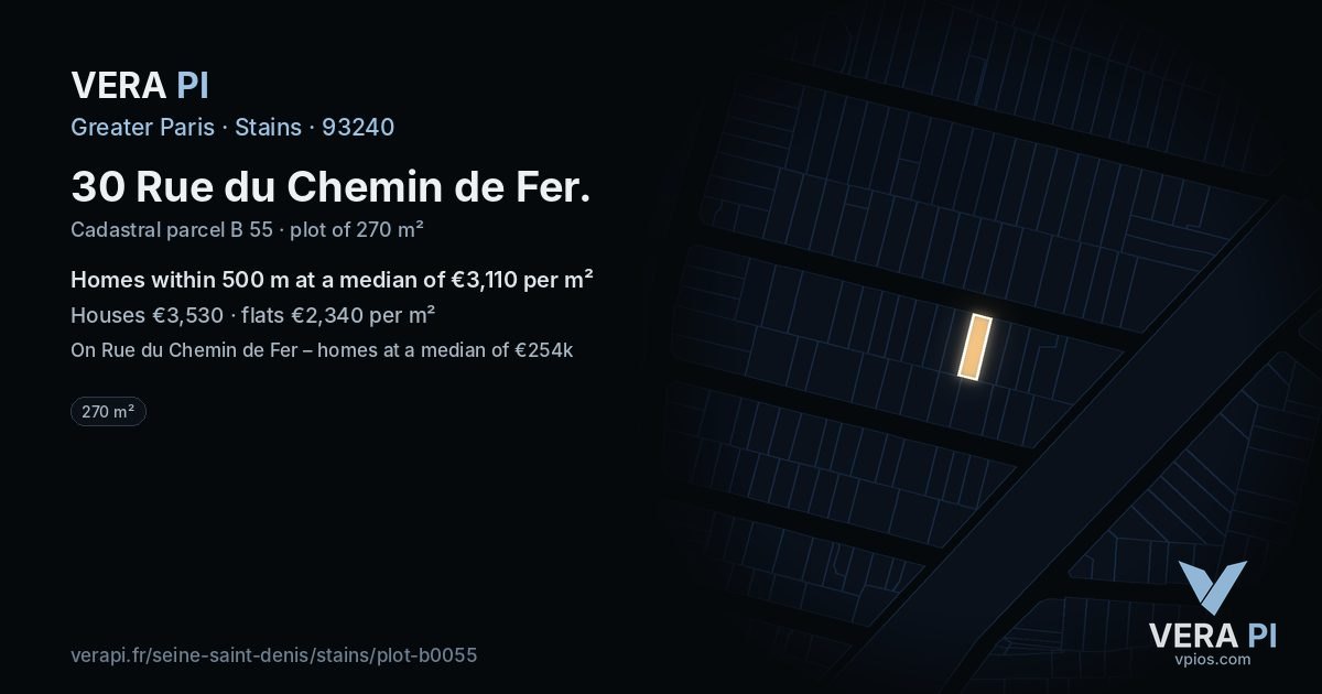30 Rue du Chemin de Fer, Stains at night – the plot lit, the parcels around coloured by the prices near them