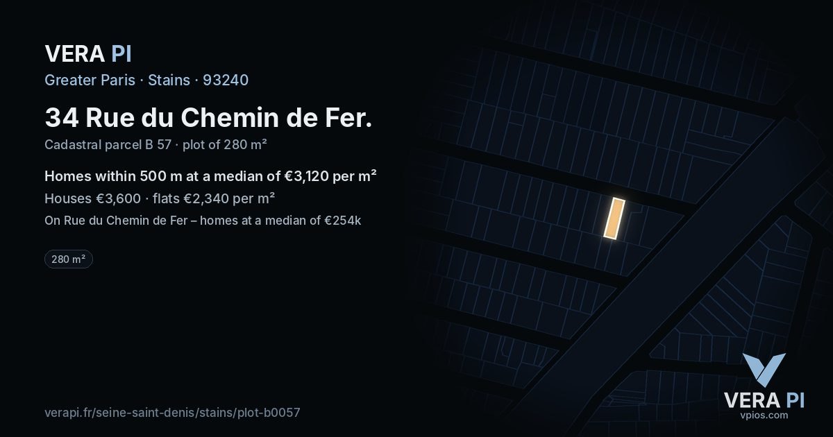 34 Rue du Chemin de Fer, Stains at night – the plot lit, the parcels around coloured by the prices near them