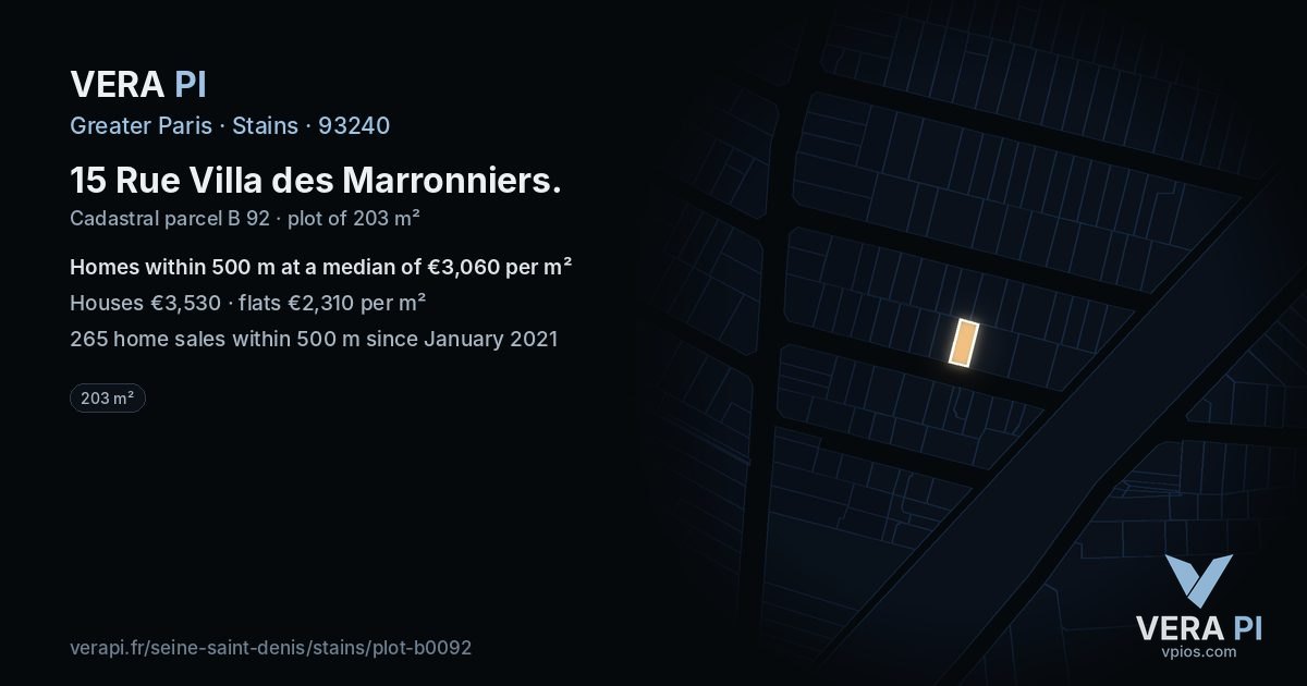 15 Rue Villa des Marronniers, Stains at night – the plot lit, the parcels around coloured by the prices near them