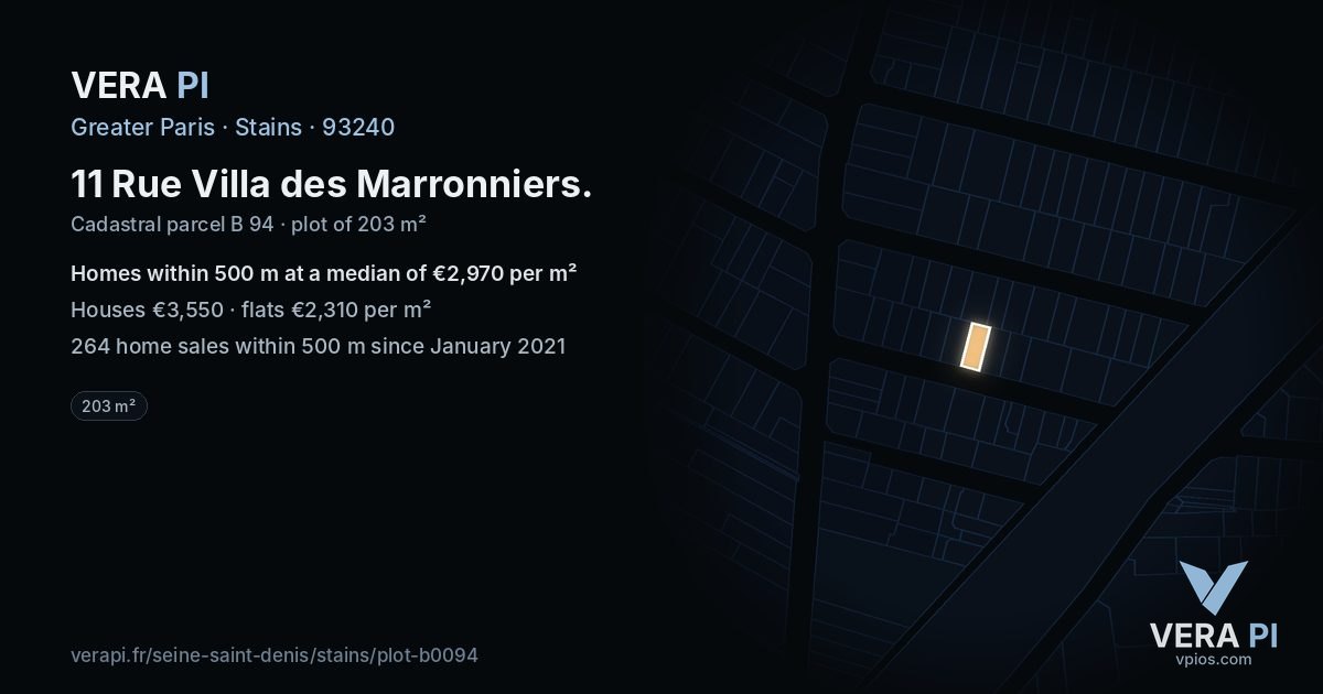 11 Rue Villa des Marronniers, Stains at night – the plot lit, the parcels around coloured by the prices near them