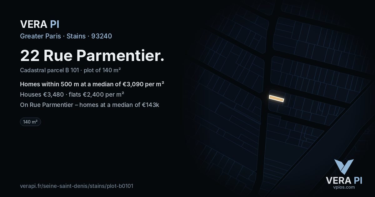 22 Rue Parmentier, Stains at night – the plot lit, the parcels around coloured by the prices near them