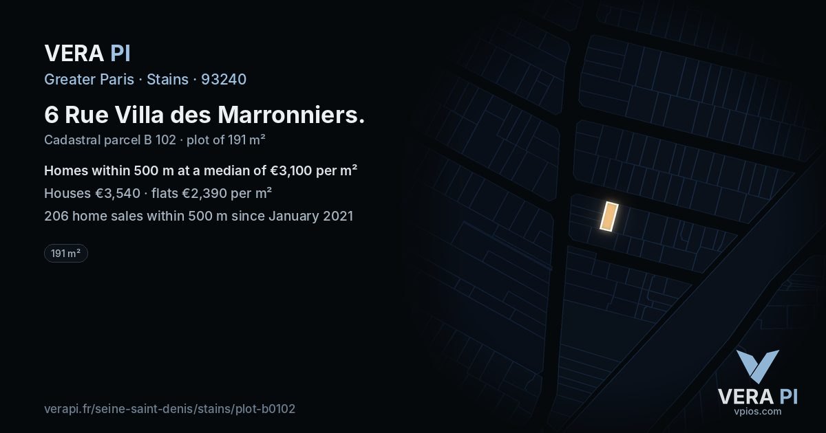 6 Rue Villa des Marronniers, Stains at night – the plot lit, the parcels around coloured by the prices near them