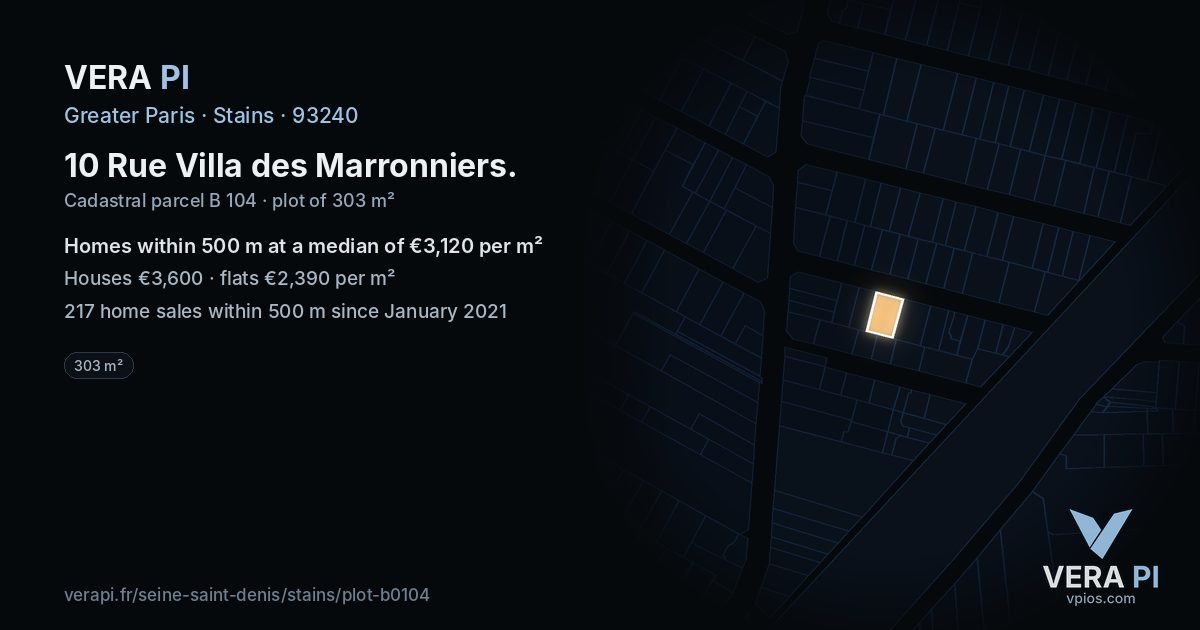 10 Rue Villa des Marronniers, Stains at night – the plot lit, the parcels around coloured by the prices near them