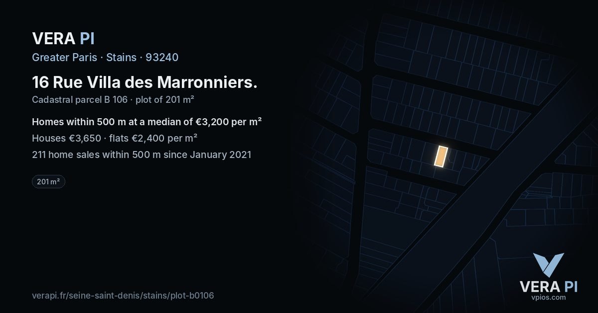 16 Rue Villa des Marronniers, Stains at night – the plot lit, the parcels around coloured by the prices near them