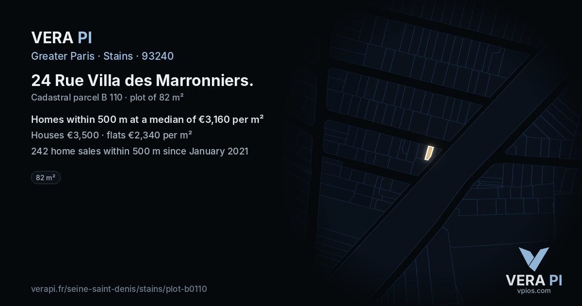24 Rue Villa des Marronniers, Stains at night – the plot lit, the parcels around coloured by the prices near them