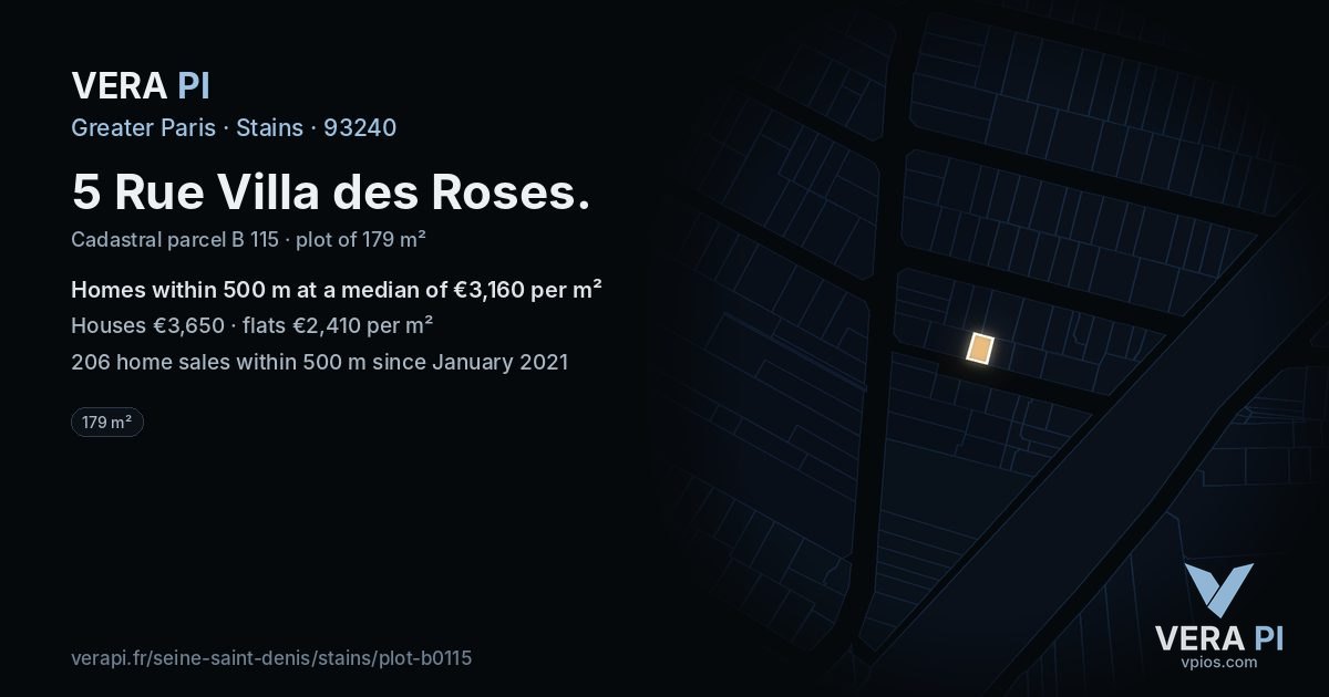 5 Rue Villa des Roses, Stains at night – the plot lit, the parcels around coloured by the prices near them