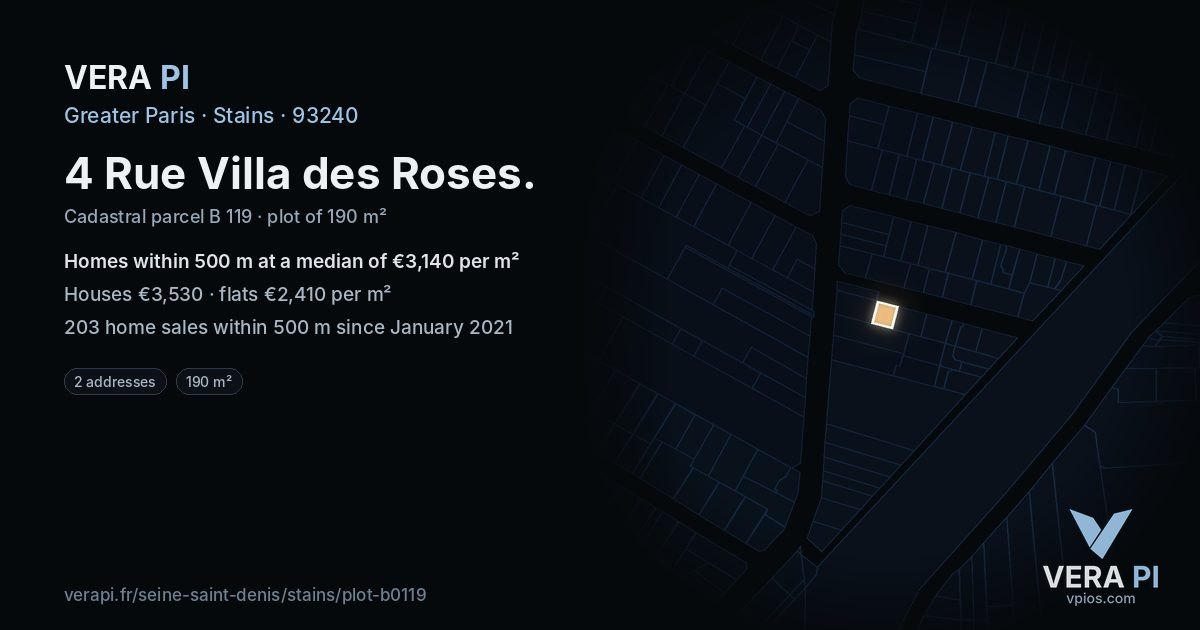 4 Rue Villa des Roses, Stains at night – the plot lit, the parcels around coloured by the prices near them