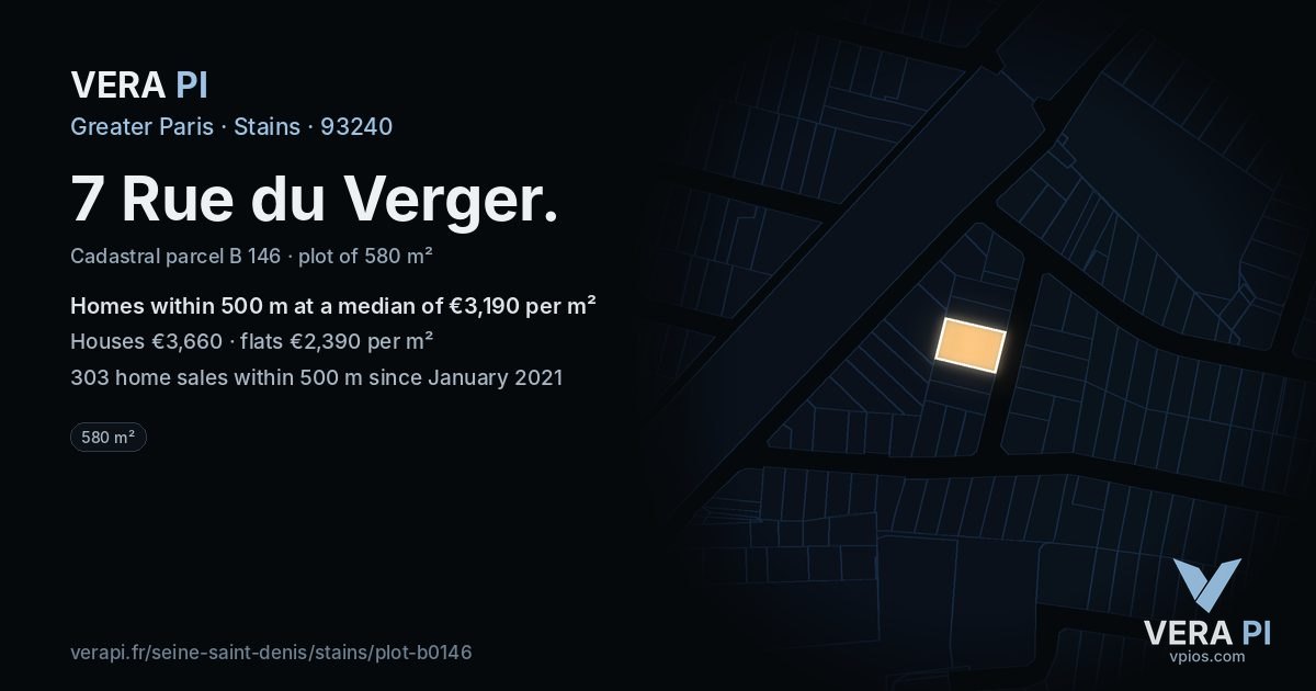 7 Rue du Verger, Stains at night – the plot lit, the parcels around coloured by the prices near them
