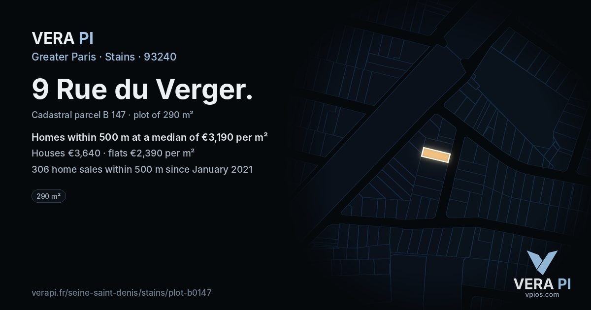 9 Rue du Verger, Stains at night – the plot lit, the parcels around coloured by the prices near them