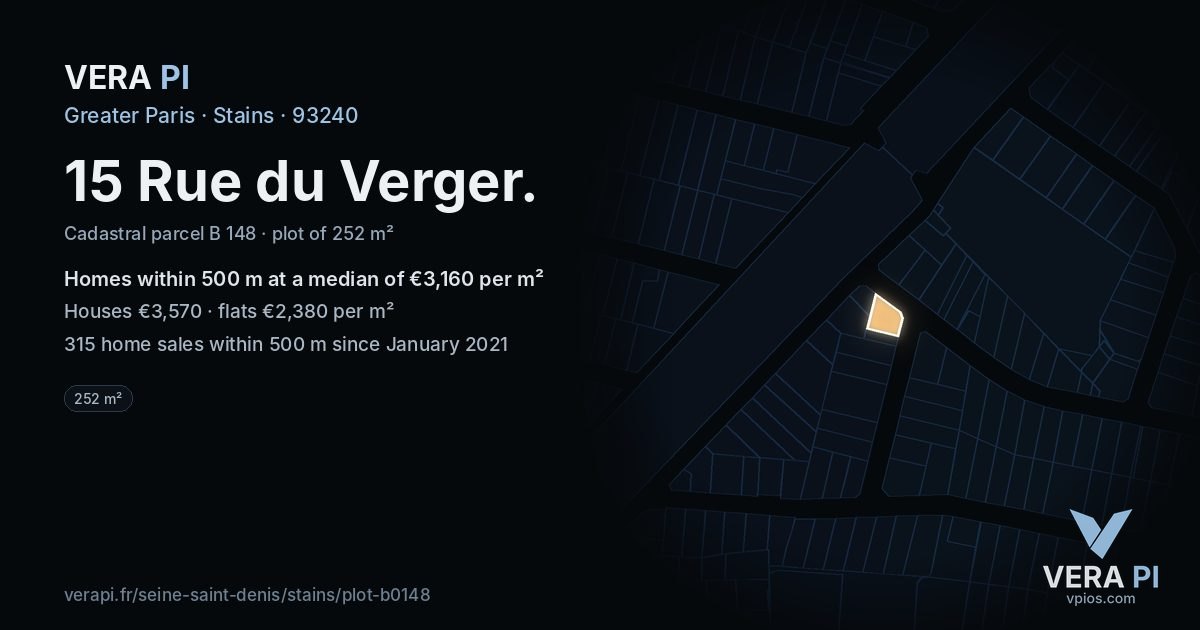 15 Rue du Verger, Stains at night – the plot lit, the parcels around coloured by the prices near them