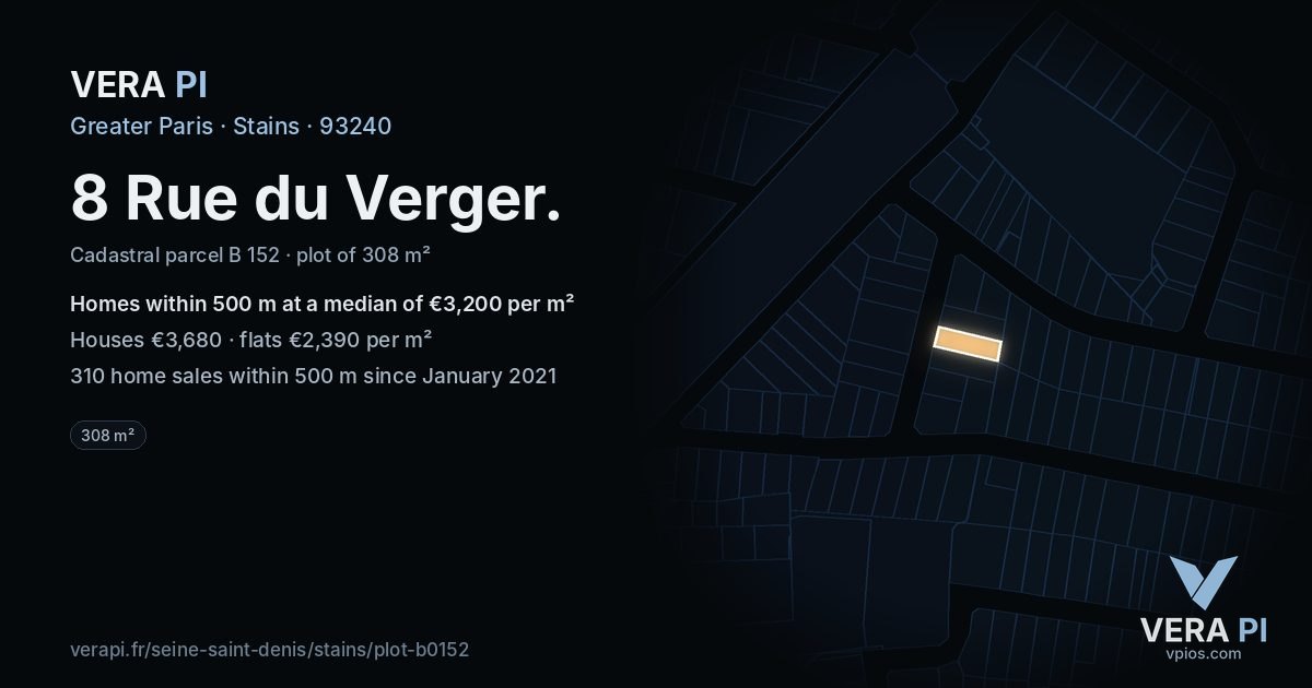 8 Rue du Verger, Stains at night – the plot lit, the parcels around coloured by the prices near them