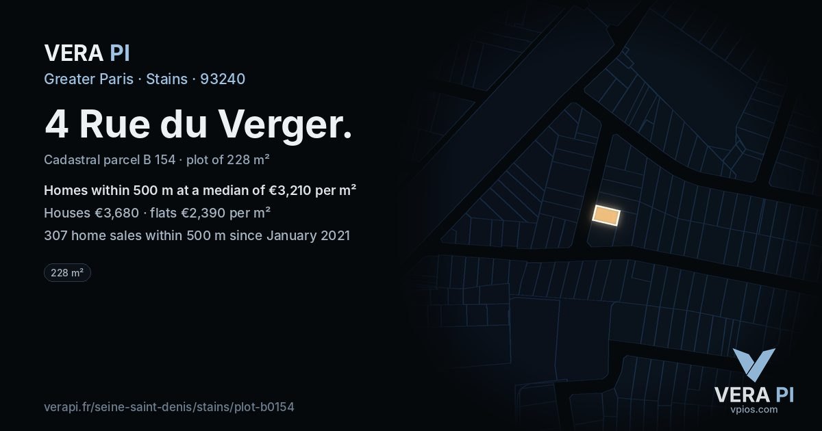 4 Rue du Verger, Stains at night – the plot lit, the parcels around coloured by the prices near them
