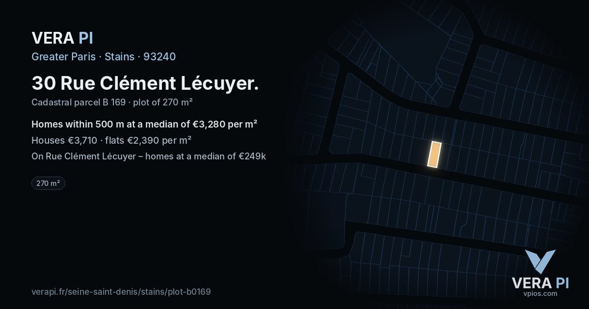 30 Rue Clément Lécuyer, Stains at night – the plot lit, the parcels around coloured by the prices near them