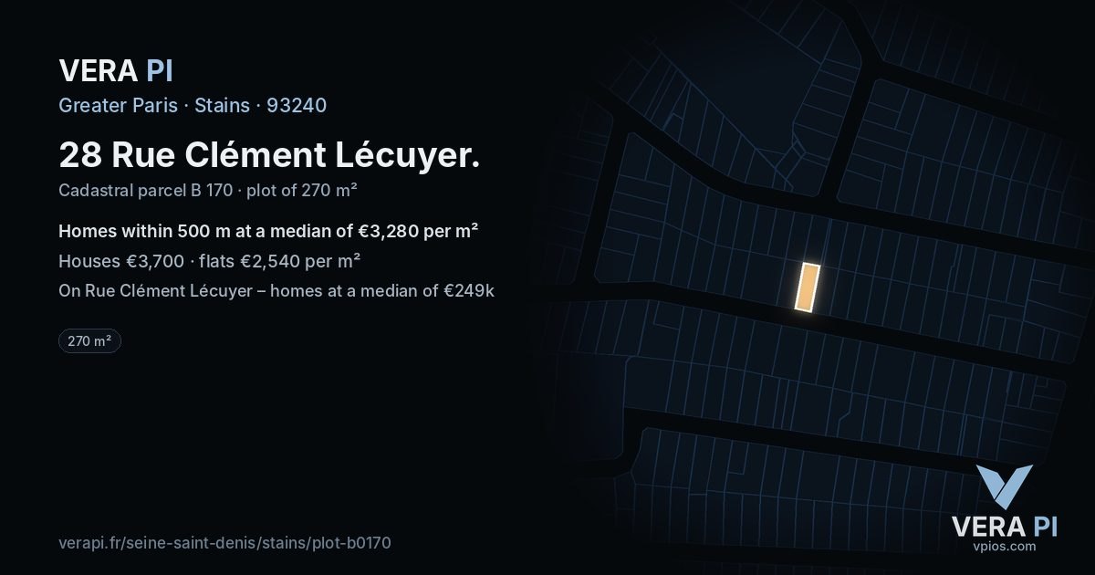 28 Rue Clément Lécuyer, Stains at night – the plot lit, the parcels around coloured by the prices near them