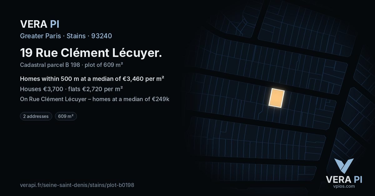 19 Rue Clément Lécuyer, Stains at night – the plot lit, the parcels around coloured by the prices near them