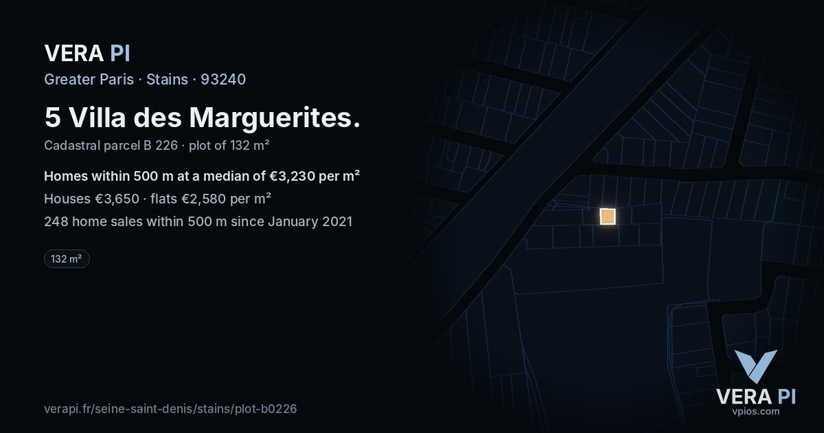 5 Villa des Marguerites, Stains at night – the plot lit, the parcels around coloured by the prices near them