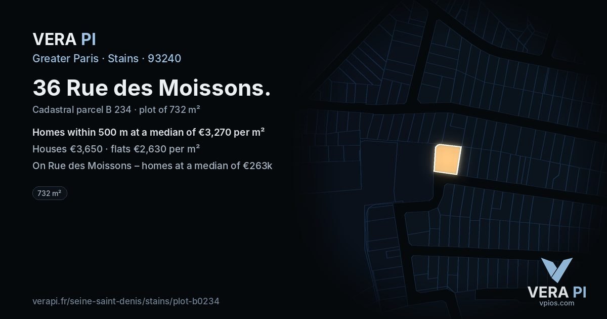 36 Rue des Moissons, Stains at night – the plot lit, the parcels around coloured by the prices near them