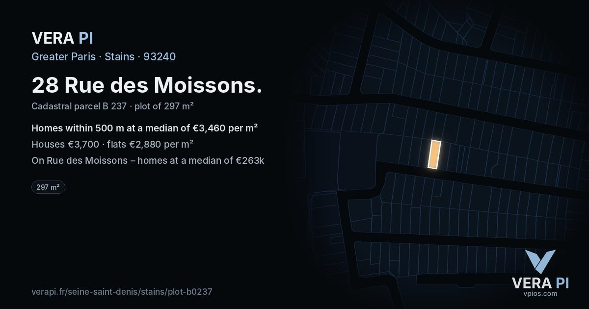 28 Rue des Moissons, Stains at night – the plot lit, the parcels around coloured by the prices near them