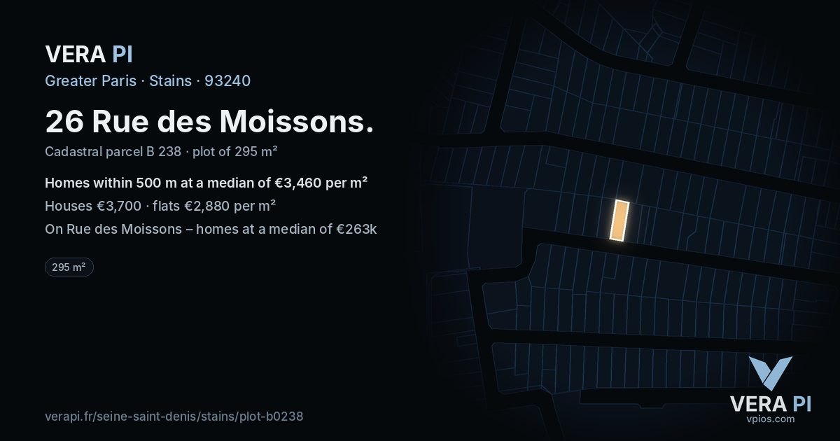 26 Rue des Moissons, Stains at night – the plot lit, the parcels around coloured by the prices near them