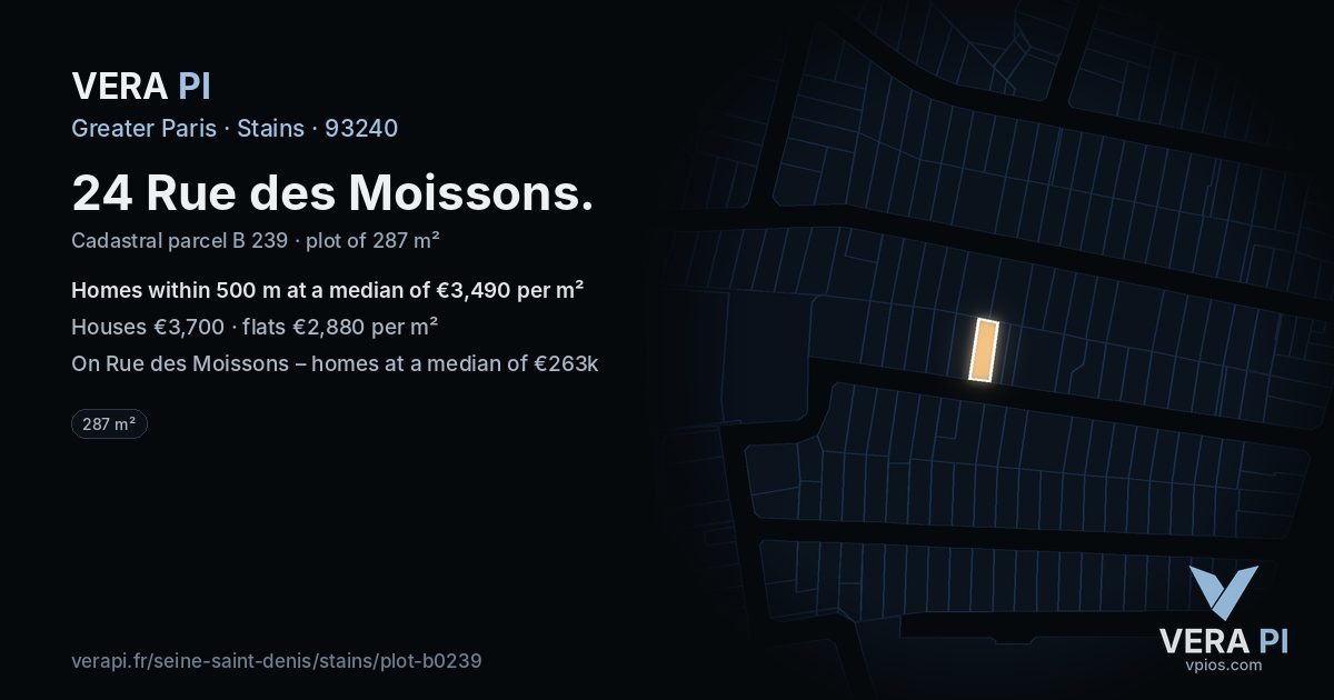 24 Rue des Moissons, Stains at night – the plot lit, the parcels around coloured by the prices near them