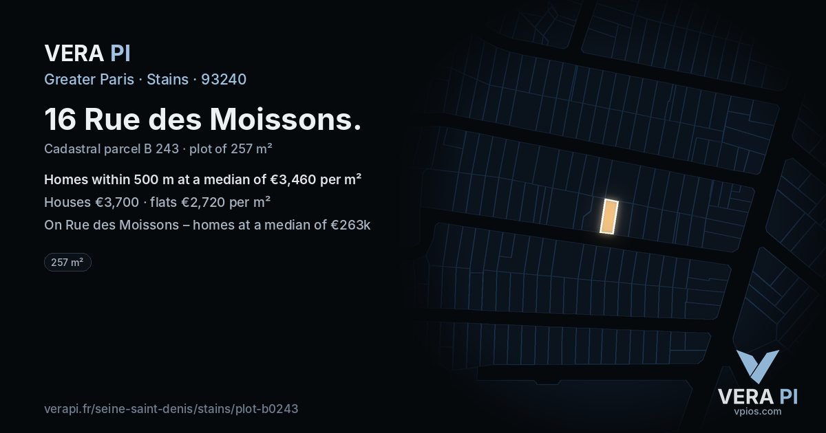 16 Rue des Moissons, Stains at night – the plot lit, the parcels around coloured by the prices near them