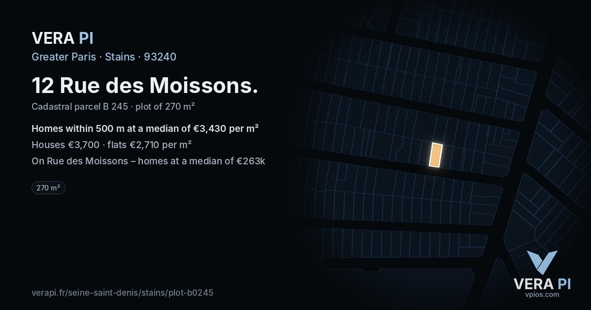 12 Rue des Moissons, Stains at night – the plot lit, the parcels around coloured by the prices near them