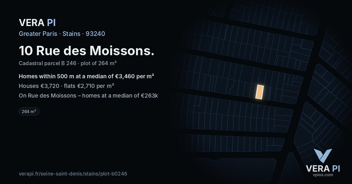 10 Rue des Moissons, Stains at night – the plot lit, the parcels around coloured by the prices near them