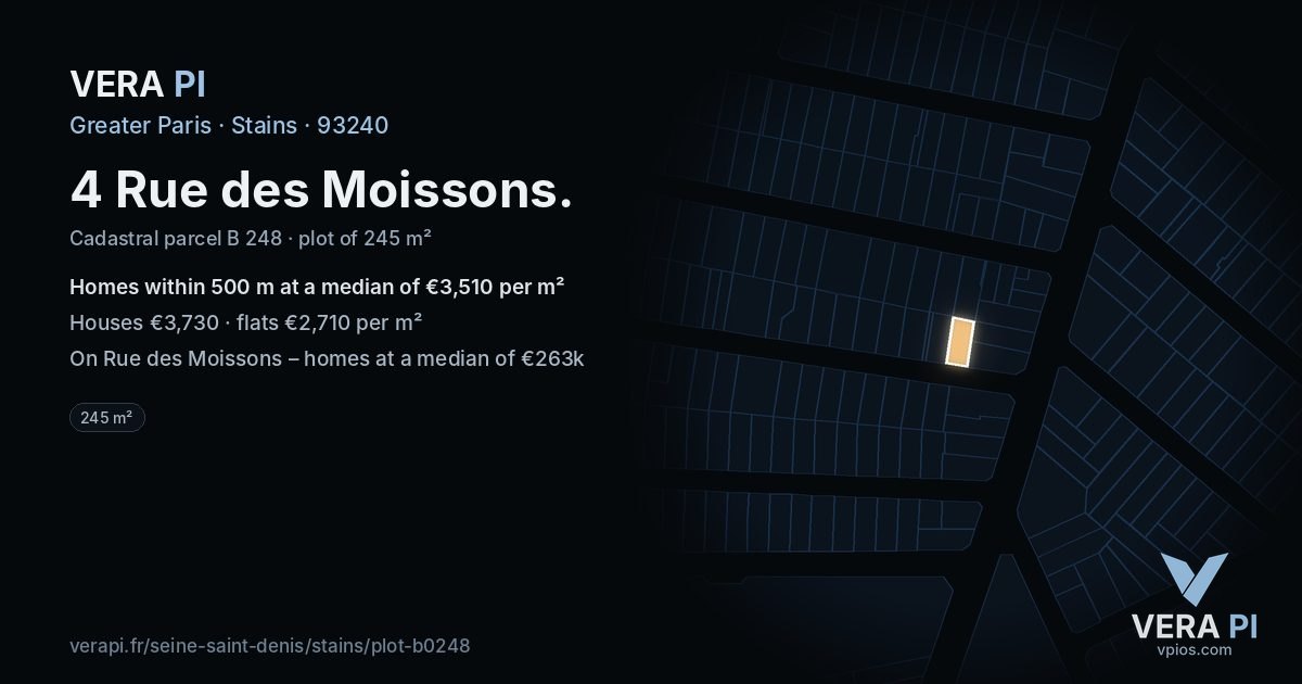 4 Rue des Moissons, Stains at night – the plot lit, the parcels around coloured by the prices near them