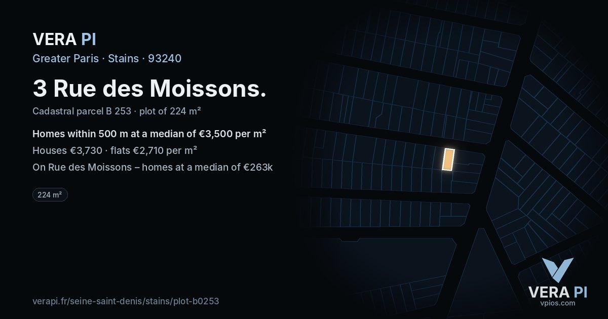 3 Rue des Moissons, Stains at night – the plot lit, the parcels around coloured by the prices near them