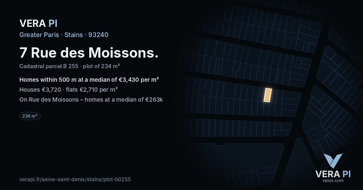 7 Rue des Moissons, Stains at night – the plot lit, the parcels around coloured by the prices near them