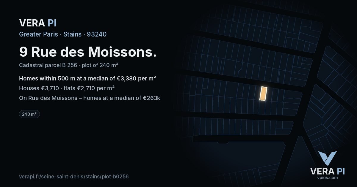 9 Rue des Moissons, Stains at night – the plot lit, the parcels around coloured by the prices near them