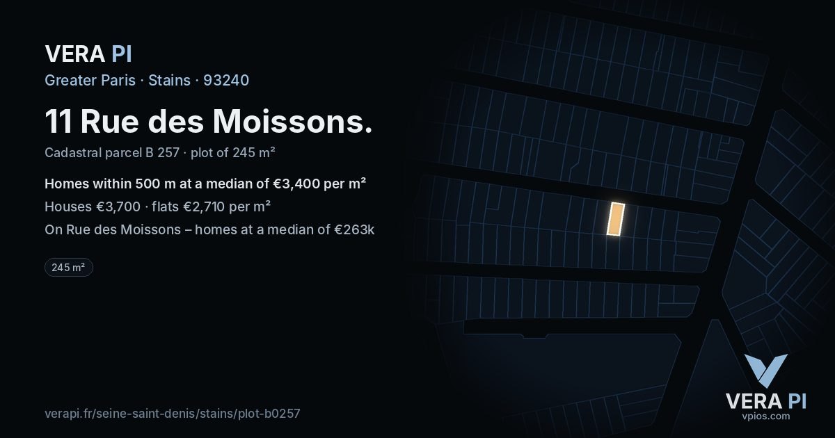 11 Rue des Moissons, Stains at night – the plot lit, the parcels around coloured by the prices near them