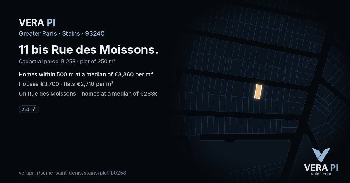11 bis Rue des Moissons, Stains at night – the plot lit, the parcels around coloured by the prices near them