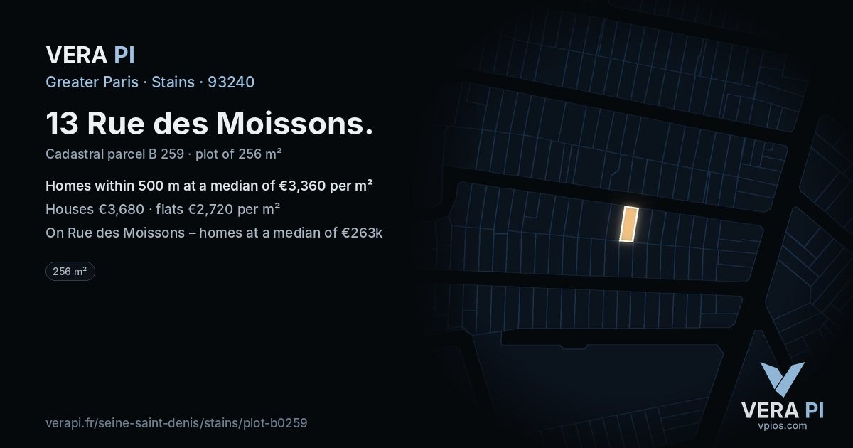 13 Rue des Moissons, Stains at night – the plot lit, the parcels around coloured by the prices near them