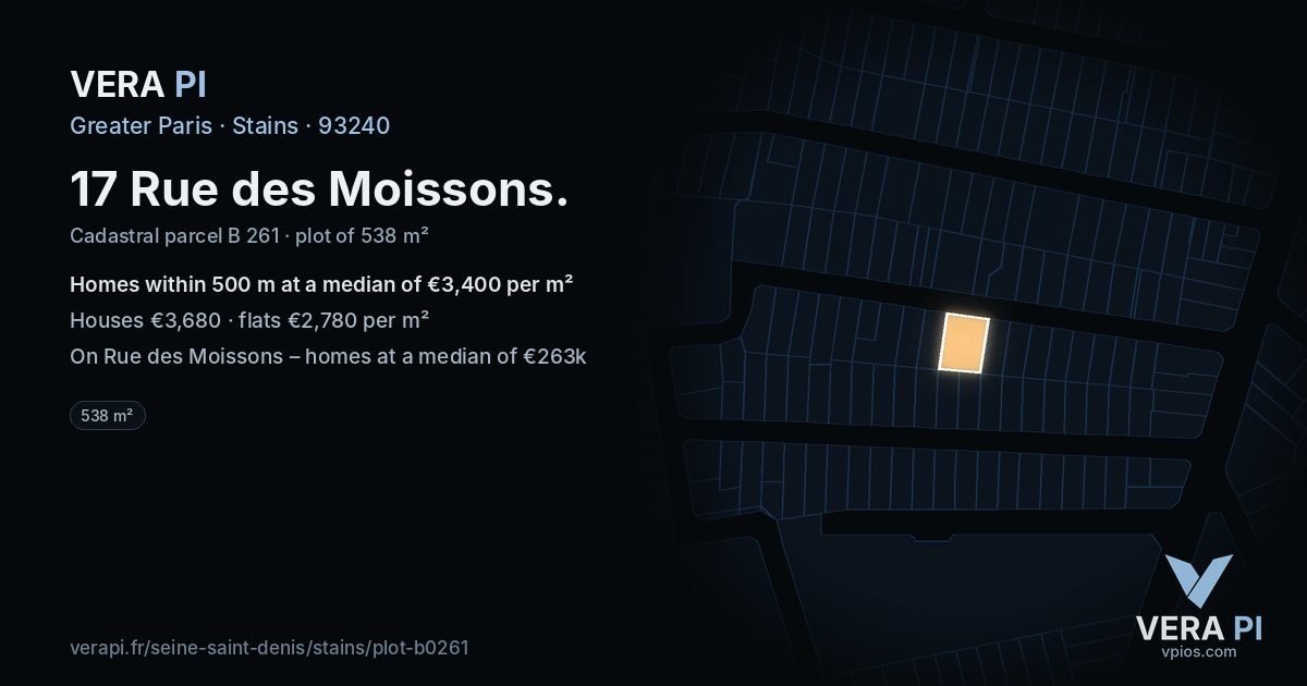 17 Rue des Moissons, Stains at night – the plot lit, the parcels around coloured by the prices near them