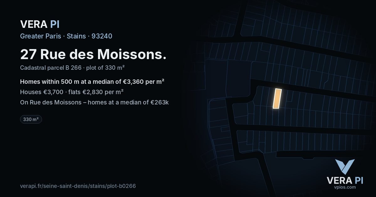 27 Rue des Moissons, Stains at night – the plot lit, the parcels around coloured by the prices near them