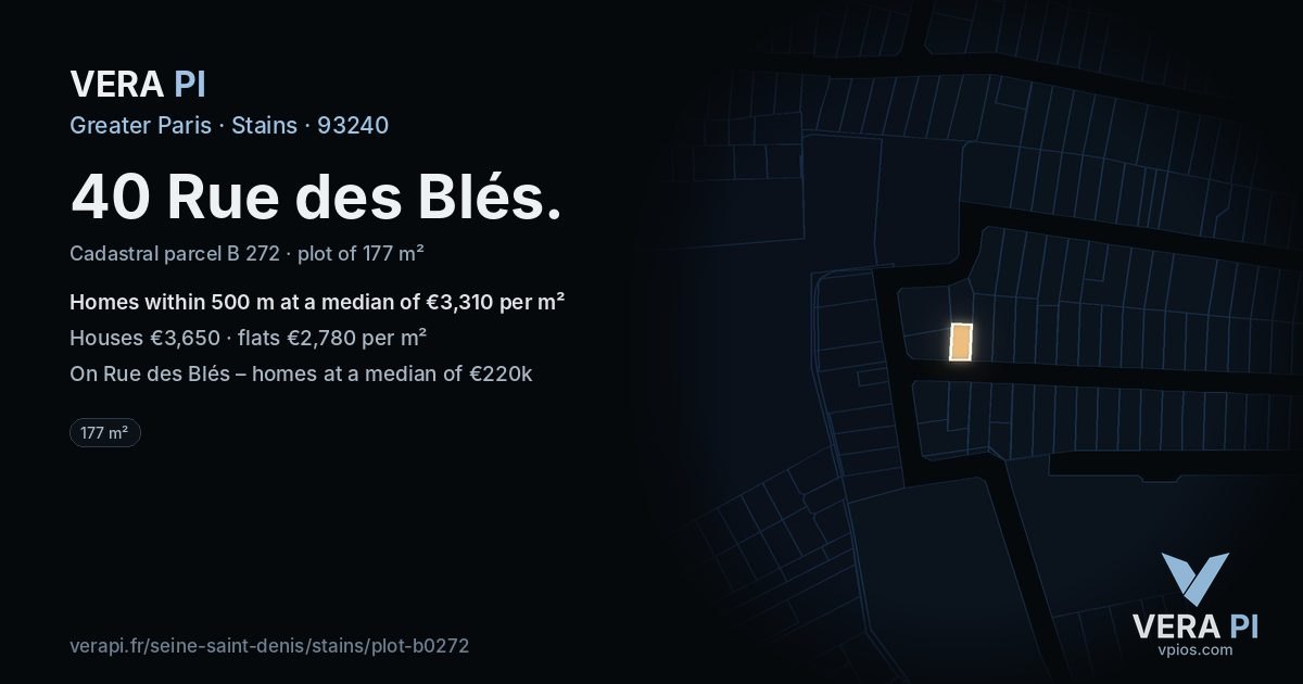40 Rue des Blés, Stains at night – the plot lit, the parcels around coloured by the prices near them