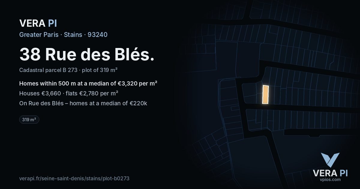 38 Rue des Blés, Stains at night – the plot lit, the parcels around coloured by the prices near them