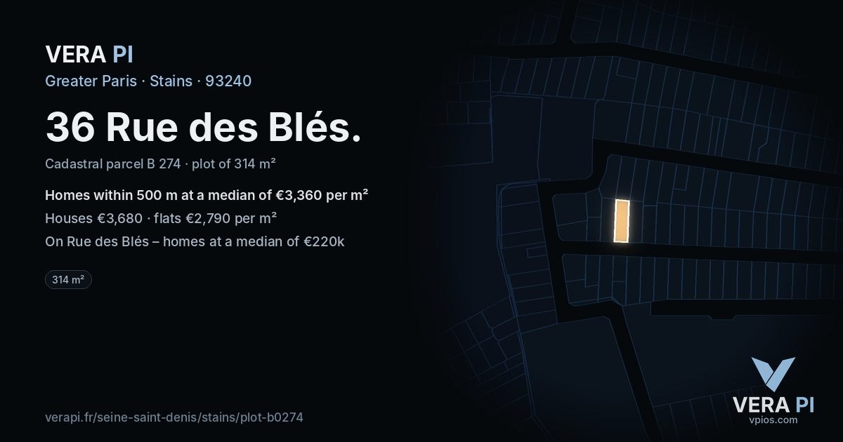 36 Rue des Blés, Stains at night – the plot lit, the parcels around coloured by the prices near them