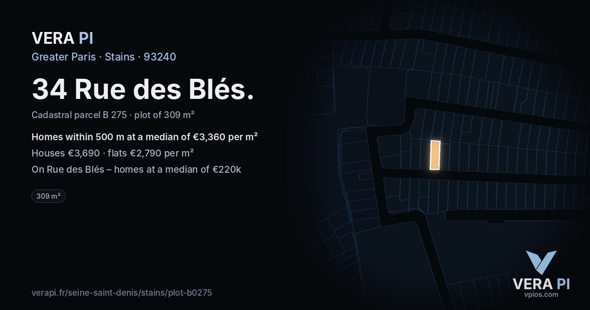 34 Rue des Blés, Stains at night – the plot lit, the parcels around coloured by the prices near them