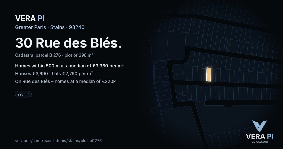 30 Rue des Blés, Stains at night – the plot lit, the parcels around coloured by the prices near them
