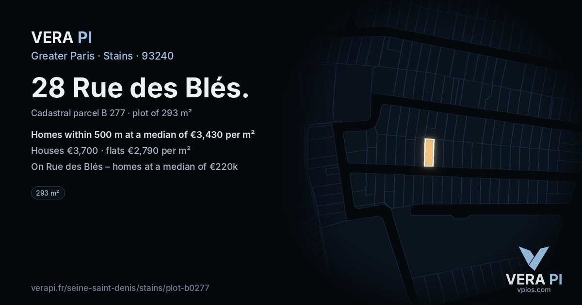 28 Rue des Blés, Stains at night – the plot lit, the parcels around coloured by the prices near them