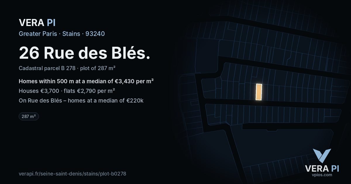 26 Rue des Blés, Stains at night – the plot lit, the parcels around coloured by the prices near them