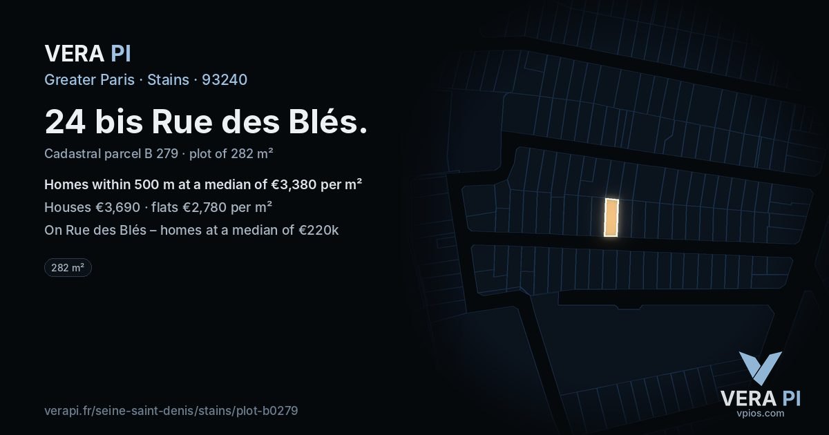 24 bis Rue des Blés, Stains at night – the plot lit, the parcels around coloured by the prices near them