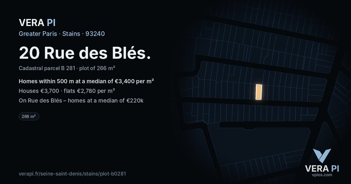 20 Rue des Blés, Stains at night – the plot lit, the parcels around coloured by the prices near them