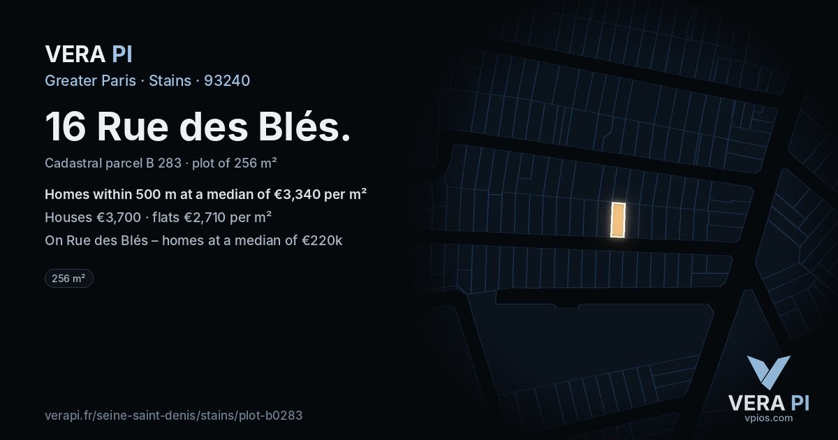 16 Rue des Blés, Stains at night – the plot lit, the parcels around coloured by the prices near them