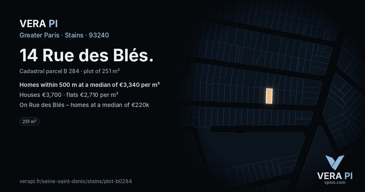 14 Rue des Blés, Stains at night – the plot lit, the parcels around coloured by the prices near them