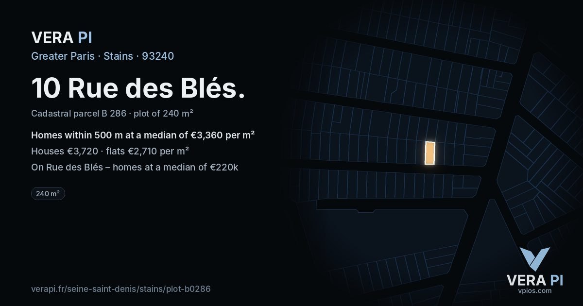 10 Rue des Blés, Stains at night – the plot lit, the parcels around coloured by the prices near them